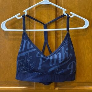 VS PINK Ultimate Sports Bra Lightly Lined Navy Blue Size Medium Logo Pattern